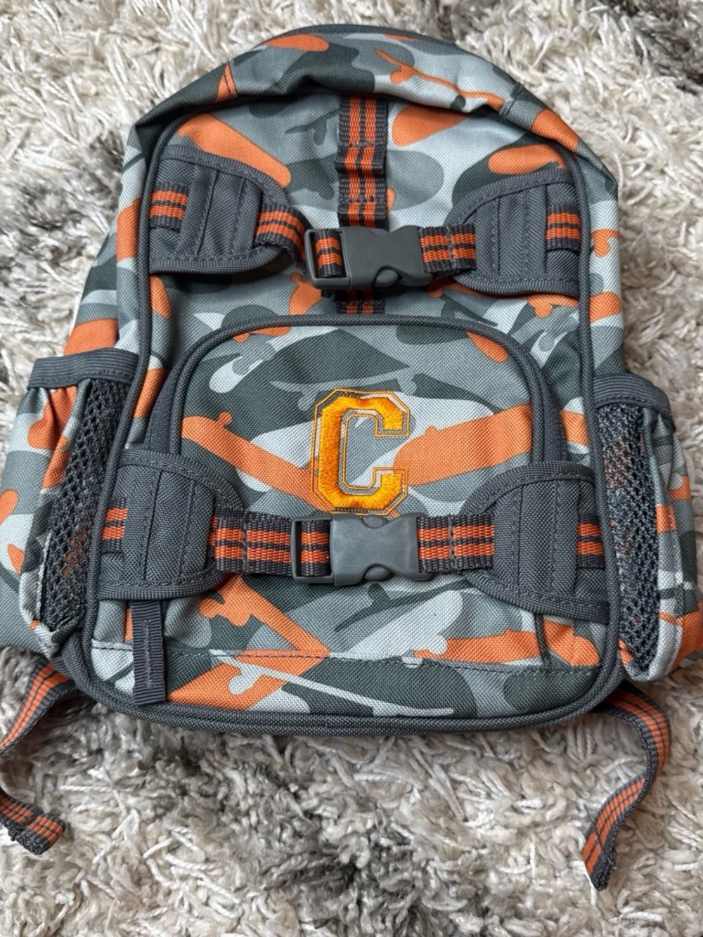 Pottery Barn Kids Orange and Gray Camo Backpack with Yellow 'C' Patch